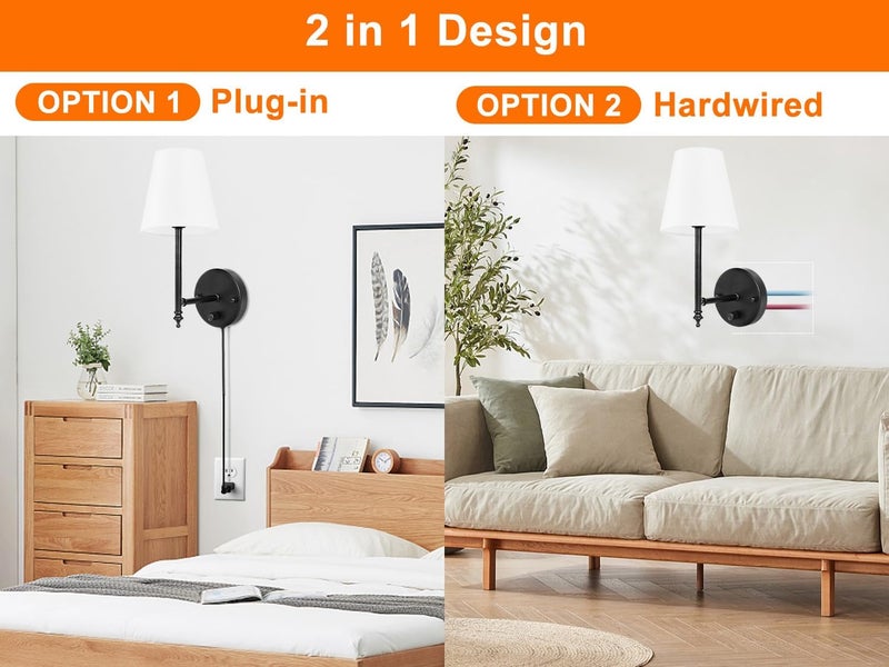 GOODATE 14.1 inch Wall Sconces Set of Two with Remote Control, Dimmable, Adjustable Colors 2700-6500K, Plug in Wall Sconces with White Fabric Shades, Plug in Wall Light, Black - Image 3